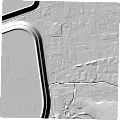 Shaded relief map of the ground around KT82HP, computed from Environment Agency LiDAR. The ground here sits at about 11 m above sea level and falls 17 m across the surrounding 800 m. Surface water reaching this point runs off ground lying to the west, 15.8 m higher.