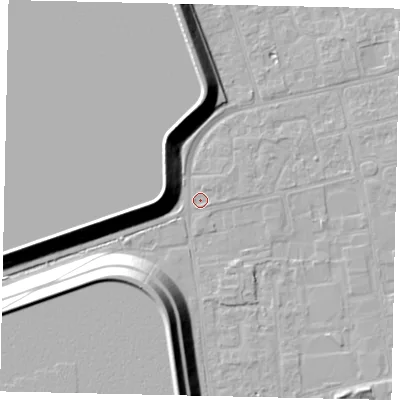 Shaded relief map of the ground around KT82HQ, computed from Environment Agency LiDAR. The ground here sits at about 10 m above sea level and falls 17 m across the surrounding 800 m. Surface water reaching this point runs off ground lying to the south-south-west, 15.7 m higher.