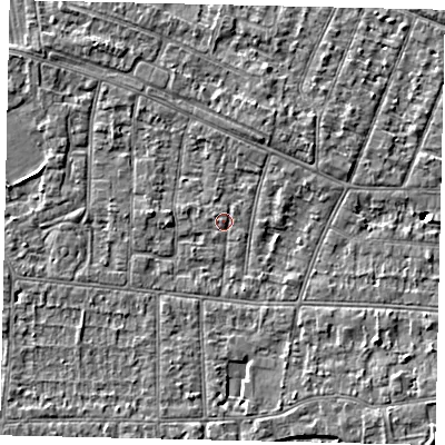 Shaded relief map of the ground around KT82JA, computed from Environment Agency LiDAR. The ground here sits at about 10 m above sea level and falls 4 m across the surrounding 800 m. Surface water reaching this point runs off ground lying to the west-north-west, 0.7 m higher.