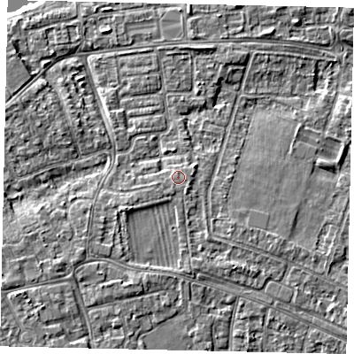 Shaded relief map of the ground around KT82JL, computed from Environment Agency LiDAR. The ground here sits at about 10 m above sea level and falls 5 m across the surrounding 800 m. Surface water reaching this point runs off ground lying to the south-west, 1.0 m higher.