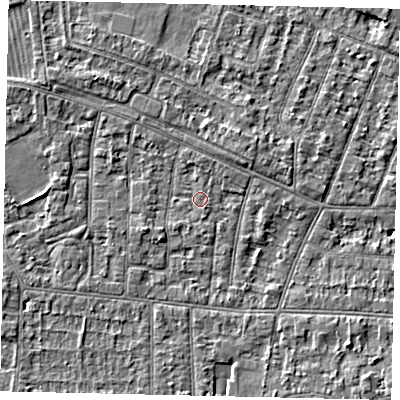 Shaded relief map of the ground around KT82JS, computed from Environment Agency LiDAR. The ground here sits at about 10 m above sea level and falls 4 m across the surrounding 800 m. Surface water reaching this point runs off ground lying to the south-west, 0.9 m higher.