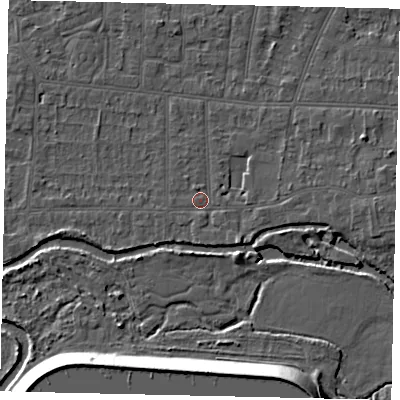 Shaded relief map of the ground around KT82JZ, computed from Environment Agency LiDAR. The ground here sits at about 10 m above sea level and falls 12 m across the surrounding 800 m. Surface water reaching this point runs off ground lying to the south-east, 2.1 m higher.