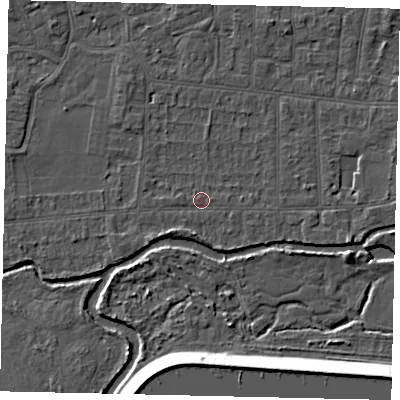 Shaded relief map of the ground around KT82LB, computed from Environment Agency LiDAR. The ground here sits at about 10 m above sea level and falls 12 m across the surrounding 800 m. Surface water reaching this point runs off ground lying to the south-west, 1.5 m higher.
