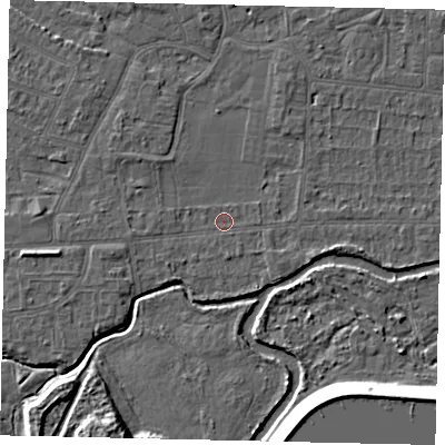Shaded relief map of the ground around KT82LJ, computed from Environment Agency LiDAR. The ground here sits at about 10 m above sea level and falls 11 m across the surrounding 800 m. Surface water reaching this point runs off ground lying to the west, 3.2 m higher.