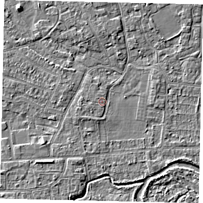 Shaded relief map of the ground around KT82LX, computed from Environment Agency LiDAR. The ground here sits at about 10 m above sea level and falls 4 m across the surrounding 800 m. Surface water reaching this point runs off ground lying to the south-west, 3.5 m higher.