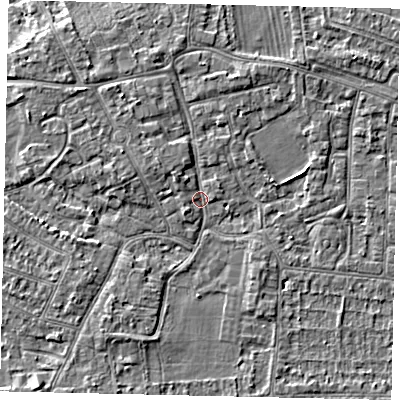 Shaded relief map of the ground around KT82LY, computed from Environment Agency LiDAR. The ground here sits at about 10 m above sea level and falls 4 m across the surrounding 800 m. Surface water reaching this point runs off ground lying to the north-north-west, 2.3 m higher.