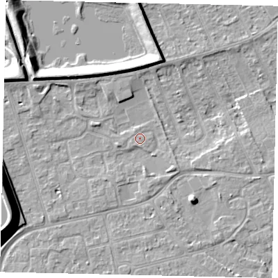 Shaded relief map of the ground around KT82NT, computed from Environment Agency LiDAR. The ground here sits at about 9 m above sea level and falls 14 m across the surrounding 800 m. Surface water reaching this point runs off ground lying to the west-south-west, 12.3 m higher.