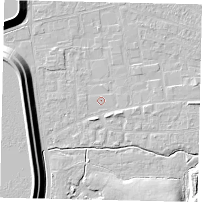 Shaded relief map of the ground around KT82NU, computed from Environment Agency LiDAR. The ground here sits at about 11 m above sea level and falls 17 m across the surrounding 800 m. Surface water reaching this point runs off ground lying to the west, 16.0 m higher.