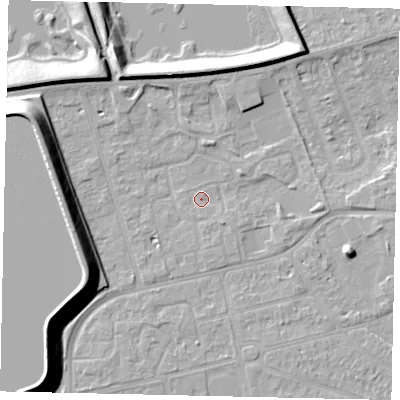 Shaded relief map of the ground around KT82NW, computed from Environment Agency LiDAR. The ground here sits at about 10 m above sea level and falls 14 m across the surrounding 800 m. Surface water reaching this point runs off ground lying to the south-east, 1.7 m higher.