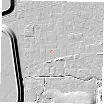 Shaded relief map of the ground around KT82NZ, computed from Environment Agency LiDAR. The ground here sits at about 11 m above sea level and falls 17 m across the surrounding 800 m. Surface water reaching this point runs off ground lying to the west, 16.0 m higher.