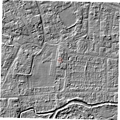 Shaded relief map of the ground around KT82PA, computed from Environment Agency LiDAR. The ground here sits at about 10 m above sea level and falls 3 m across the surrounding 800 m. Surface water reaching this point runs off ground lying to the south-south-east, 0.5 m higher.
