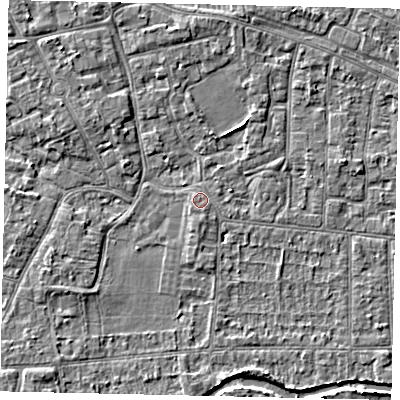 Shaded relief map of the ground around KT82PB, computed from Environment Agency LiDAR. The ground here sits at about 10 m above sea level and falls 3 m across the surrounding 800 m. Surface water reaching this point runs off ground lying to the south-south-east, 0.7 m higher.