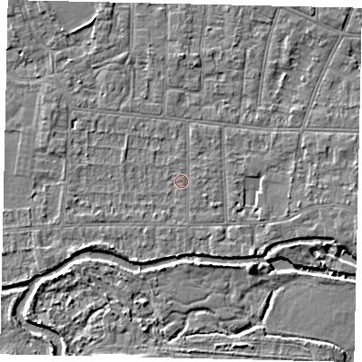 Shaded relief map of the ground around KT82PN, computed from Environment Agency LiDAR. The ground here sits at about 10 m above sea level and falls 5 m across the surrounding 800 m. Surface water reaching this point runs off ground lying to the south-west, 0.8 m higher.