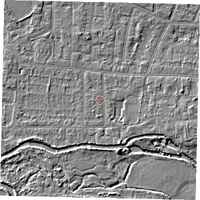 Shaded relief map of the ground around KT82PQ, computed from Environment Agency LiDAR. The ground here sits at about 10 m above sea level and falls 5 m across the surrounding 800 m. Surface water reaching this point runs off ground lying to the south-south-east, 2.7 m higher.