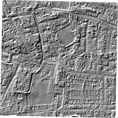 Shaded relief map of the ground around KT82PS, computed from Environment Agency LiDAR. The ground here sits at about 10 m above sea level and falls 3 m across the surrounding 800 m. Surface water reaching this point runs off ground lying to the south-south-east, 1.1 m higher.