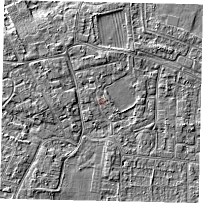 Shaded relief map of the ground around KT82PT, computed from Environment Agency LiDAR. The ground here sits at about 10 m above sea level and falls 4 m across the surrounding 800 m. Surface water reaching this point runs off ground lying to the north-north-west, 0.6 m higher.