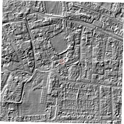 Shaded relief map of the ground around KT82PU, computed from Environment Agency LiDAR. The ground here sits at about 9 m above sea level and falls 3 m across the surrounding 800 m. Surface water reaching this point runs off ground lying to the north-east, 1.2 m higher.