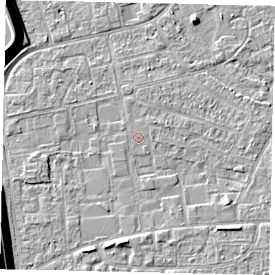 Shaded relief map of the ground around KT82QH, computed from Environment Agency LiDAR. The ground here sits at about 10 m above sea level and falls 17 m across the surrounding 800 m. The ground contributing surface water to this point lies to the south-south-east.