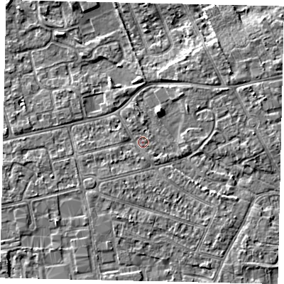 Shaded relief map of the ground around KT82QJ, computed from Environment Agency LiDAR. The ground here sits at about 10 m above sea level and falls 5 m across the surrounding 800 m. Surface water reaching this point runs off ground lying to the south-west, 1.4 m higher.