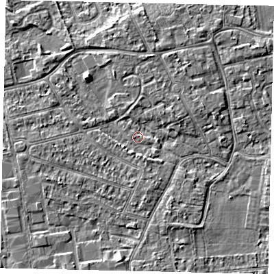 Shaded relief map of the ground around KT82QL, computed from Environment Agency LiDAR. The ground here sits at about 10 m above sea level and falls 5 m across the surrounding 800 m. Surface water reaching this point runs off ground lying to the east-south-east, 0.9 m higher.