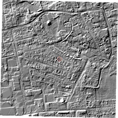Shaded relief map of the ground around KT82QN, computed from Environment Agency LiDAR. The ground here sits at about 10 m above sea level and falls 4 m across the surrounding 800 m. Surface water reaching this point runs off ground lying to the west-south-west, 1.3 m higher.