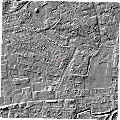 Shaded relief map of the ground around KT82QP, computed from Environment Agency LiDAR. The ground here sits at about 10 m above sea level and falls 4 m across the surrounding 800 m. Surface water reaching this point runs off ground lying to the south-south-east, 0.5 m higher.