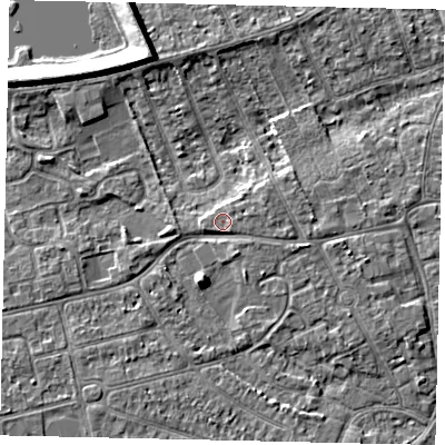 Shaded relief map of the ground around KT82QQ, computed from Environment Agency LiDAR. The ground here sits at about 10 m above sea level and falls 7 m across the surrounding 800 m. Surface water reaching this point runs off ground lying to the south-south-east, 1.5 m higher.
