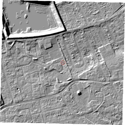 Shaded relief map of the ground around KT82QR, computed from Environment Agency LiDAR. The ground here sits at about 9 m above sea level and falls 8 m across the surrounding 800 m. Surface water reaching this point runs off ground lying to the west-north-west, 6.5 m higher.