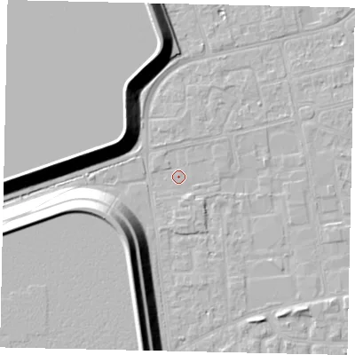 Shaded relief map of the ground around KT82QS, computed from Environment Agency LiDAR. The ground here sits at about 10 m above sea level and falls 17 m across the surrounding 800 m. Surface water reaching this point runs off ground lying to the north-east, 0.9 m higher.