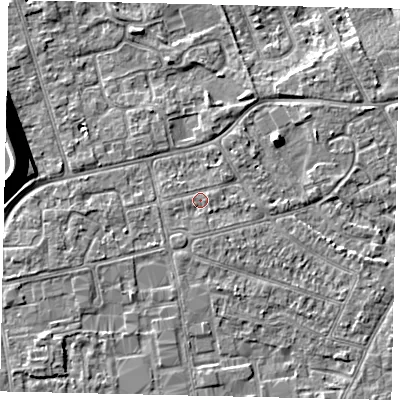 Shaded relief map of the ground around KT82QU, computed from Environment Agency LiDAR. The ground here sits at about 10 m above sea level and falls 13 m across the surrounding 800 m. Surface water reaching this point runs off ground lying to the south, 0.7 m higher.