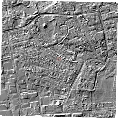 Shaded relief map of the ground around KT82QW, computed from Environment Agency LiDAR. The ground here sits at about 10 m above sea level and falls 5 m across the surrounding 800 m. Surface water reaching this point runs off ground lying to the west-south-west, 1.3 m higher.