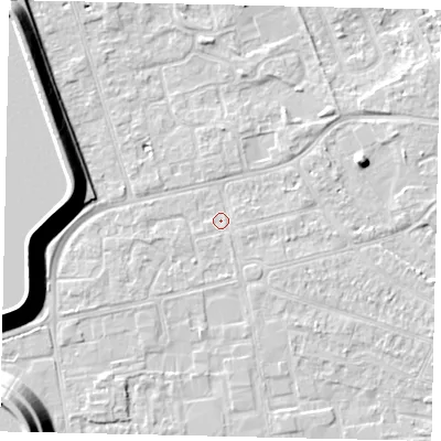 Shaded relief map of the ground around KT82QX, computed from Environment Agency LiDAR. The ground here sits at about 10 m above sea level and falls 18 m across the surrounding 800 m. Surface water reaching this point runs off ground lying to the south-west, 1.2 m higher.