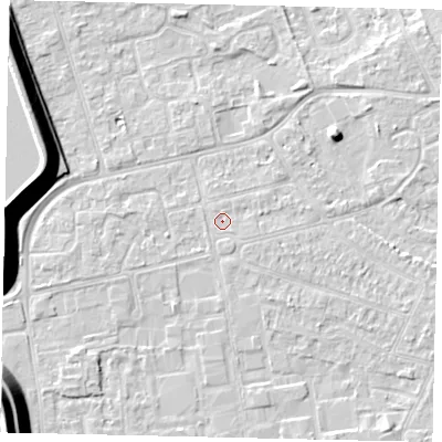 Shaded relief map of the ground around KT82QY, computed from Environment Agency LiDAR. The ground here sits at about 10 m above sea level and falls 17 m across the surrounding 800 m. Surface water reaching this point runs off ground lying to the south-south-west, 0.8 m higher.