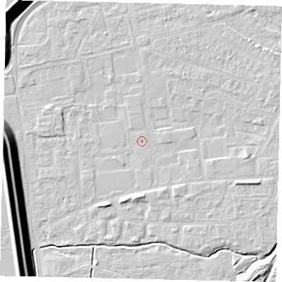 Shaded relief map of the ground around KT82QZ, computed from Environment Agency LiDAR. The ground here sits at about 10 m above sea level and falls 17 m across the surrounding 800 m. The ground contributing surface water to this point lies to the north-north-west.