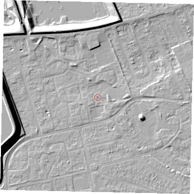 Shaded relief map of the ground around KT82RH, computed from Environment Agency LiDAR. The ground here sits at about 9 m above sea level and falls 14 m across the surrounding 800 m. Surface water reaching this point runs off ground lying to the south-west, 1.3 m higher.