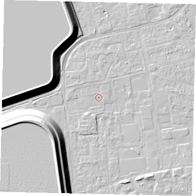 Shaded relief map of the ground around KT82RS, computed from Environment Agency LiDAR. The ground here sits at about 10 m above sea level and falls 17 m across the surrounding 800 m. Surface water reaching this point runs off ground lying to the north, 0.7 m higher.