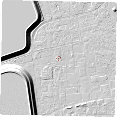 Shaded relief map of the ground around KT82RT, computed from Environment Agency LiDAR. The ground here sits at about 11 m above sea level and falls 17 m across the surrounding 800 m. Surface water reaching this point runs off ground lying to the north-north-west, 0.7 m higher.