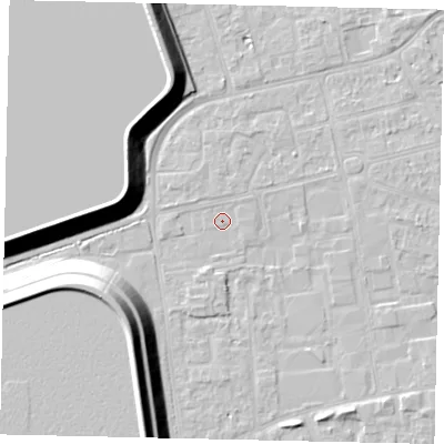 Shaded relief map of the ground around KT82RY, computed from Environment Agency LiDAR. The ground here sits at about 10 m above sea level and falls 17 m across the surrounding 800 m. Surface water reaching this point runs off ground lying to the north-east, 0.7 m higher.