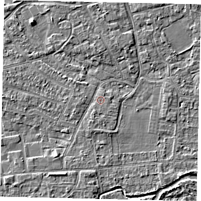 Shaded relief map of the ground around KT82SY, computed from Environment Agency LiDAR. The ground here sits at about 10 m above sea level and falls 4 m across the surrounding 800 m. Surface water reaching this point runs off ground lying to the south-south-west, 0.9 m higher.