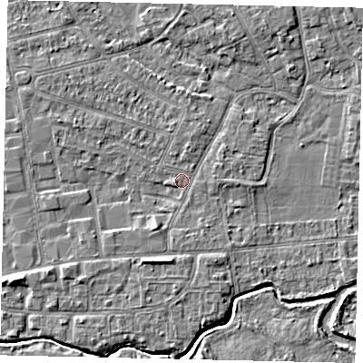 Shaded relief map of the ground around KT82TA, computed from Environment Agency LiDAR. The ground here sits at about 10 m above sea level and falls 4 m across the surrounding 800 m. Surface water reaching this point runs off ground lying to the south, 3.0 m higher.