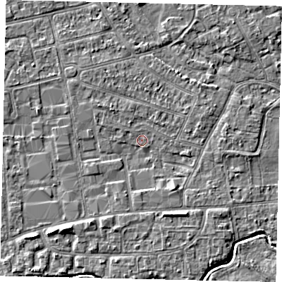 Shaded relief map of the ground around KT82TB, computed from Environment Agency LiDAR. The ground here sits at about 10 m above sea level and falls 4 m across the surrounding 800 m. Surface water reaching this point runs off ground lying to the south-south-west, 2.5 m higher.