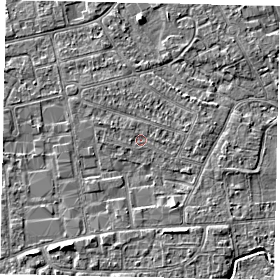 Shaded relief map of the ground around KT82TD, computed from Environment Agency LiDAR. The ground here sits at about 10 m above sea level and falls 4 m across the surrounding 800 m. Surface water reaching this point runs off ground lying to the west-north-west, 1.0 m higher.