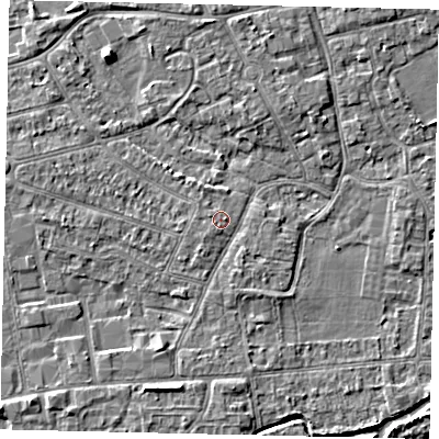 Shaded relief map of the ground around KT82TE, computed from Environment Agency LiDAR. The ground here sits at about 10 m above sea level and falls 4 m across the surrounding 800 m. Surface water reaching this point runs off ground lying to the south-west, 0.6 m higher.