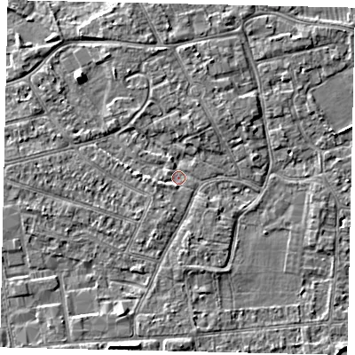Shaded relief map of the ground around KT82TF, computed from Environment Agency LiDAR. The ground here sits at about 10 m above sea level and falls 5 m across the surrounding 800 m. Surface water reaching this point runs off ground lying to the south-south-west, 3.6 m higher.
