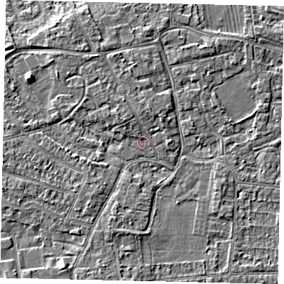 Shaded relief map of the ground around KT82TG, computed from Environment Agency LiDAR. The ground here sits at about 10 m above sea level and falls 5 m across the surrounding 800 m. Surface water reaching this point runs off ground lying to the north-west, 2.2 m higher.