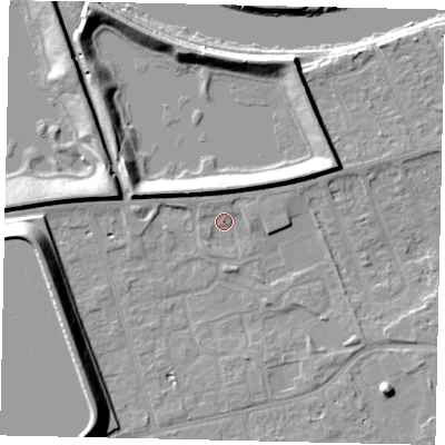 Shaded relief map of the ground around KT82TJ, computed from Environment Agency LiDAR. The ground here sits at about 10 m above sea level and falls 15 m across the surrounding 800 m. Surface water reaching this point runs off ground lying to the west-north-west, 5.7 m higher.