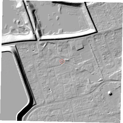 Shaded relief map of the ground around KT82TN, computed from Environment Agency LiDAR. The ground here sits at about 10 m above sea level and falls 14 m across the surrounding 800 m. Surface water reaching this point runs off ground lying to the east-north-east, 1.2 m higher.