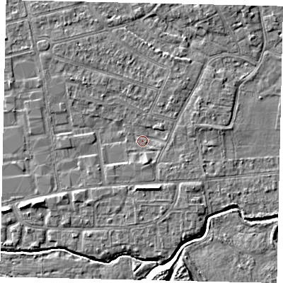 Shaded relief map of the ground around KT82TS, computed from Environment Agency LiDAR. The ground here sits at about 10 m above sea level and falls 6 m across the surrounding 800 m. Surface water reaching this point runs off ground lying to the south-south-east, 3.0 m higher.
