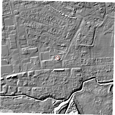 Shaded relief map of the ground around KT82TU, computed from Environment Agency LiDAR. The ground here sits at about 11 m above sea level and falls 7 m across the surrounding 800 m. Surface water reaching this point runs off ground lying to the south-south-east, 1.8 m higher.