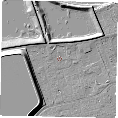 Shaded relief map of the ground around KT82TW, computed from Environment Agency LiDAR. The ground here sits at about 9 m above sea level and falls 15 m across the surrounding 800 m. Surface water reaching this point runs off ground lying to the south-west, 12.3 m higher.